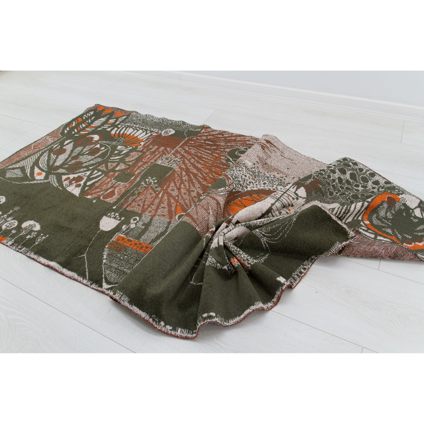 The mid-century modern abstract tapestry gathered and draped luxuriously on the floor, proving the wonderfully pliable, non-rigid texture of this museum-quality European home decor.