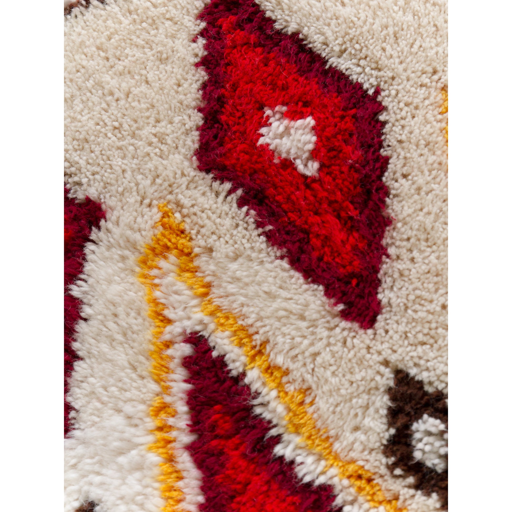 Intense macro photography capturing the crispness of the individual, uniform cotton yarn piles. The vivid colors show flawless 70s latch hook craftsmanship.