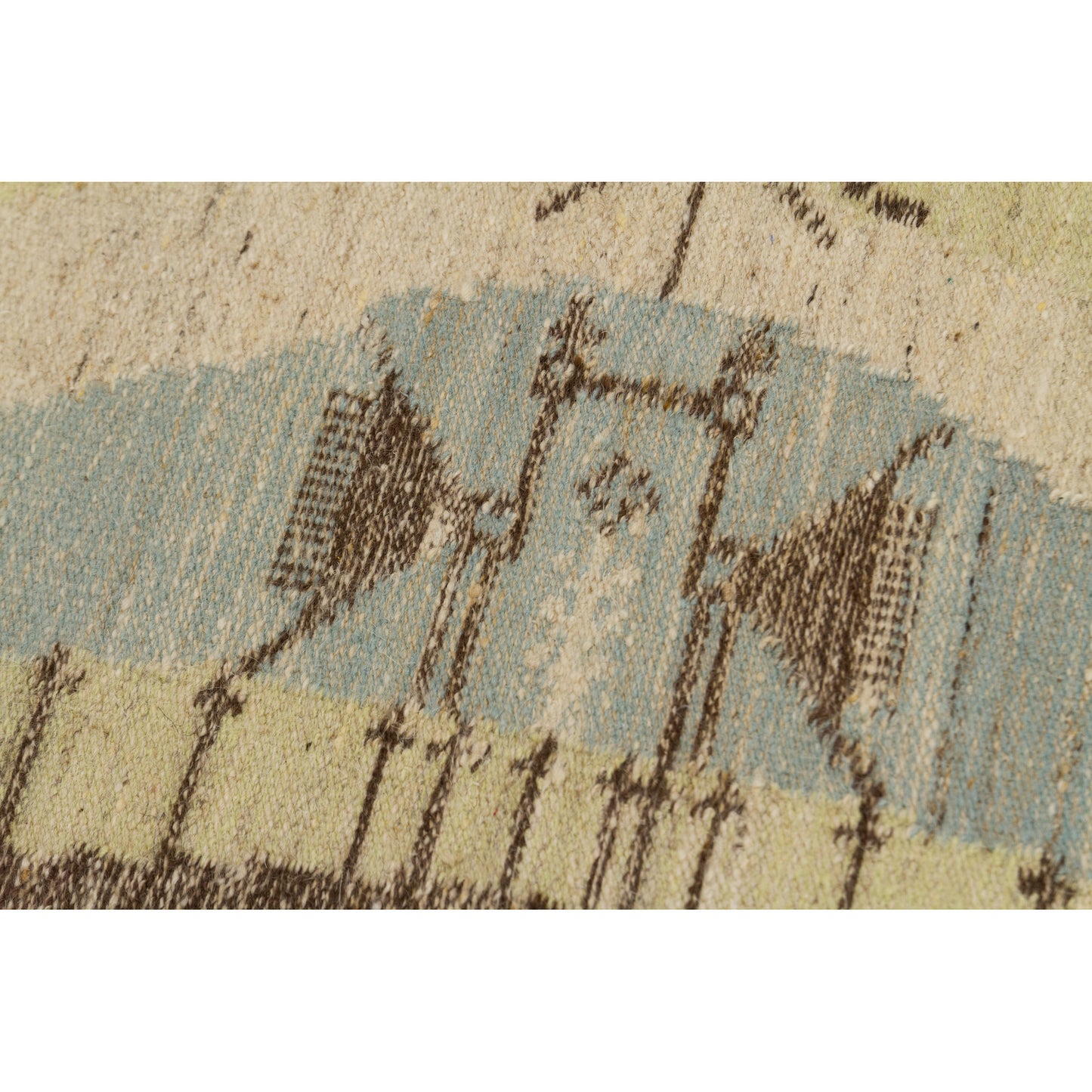 Extreme macro detail of the vintage wall tapestry center. Highly skilled weaving showing Eva Nemeth's iconic folk-modernist sun and bird structures.