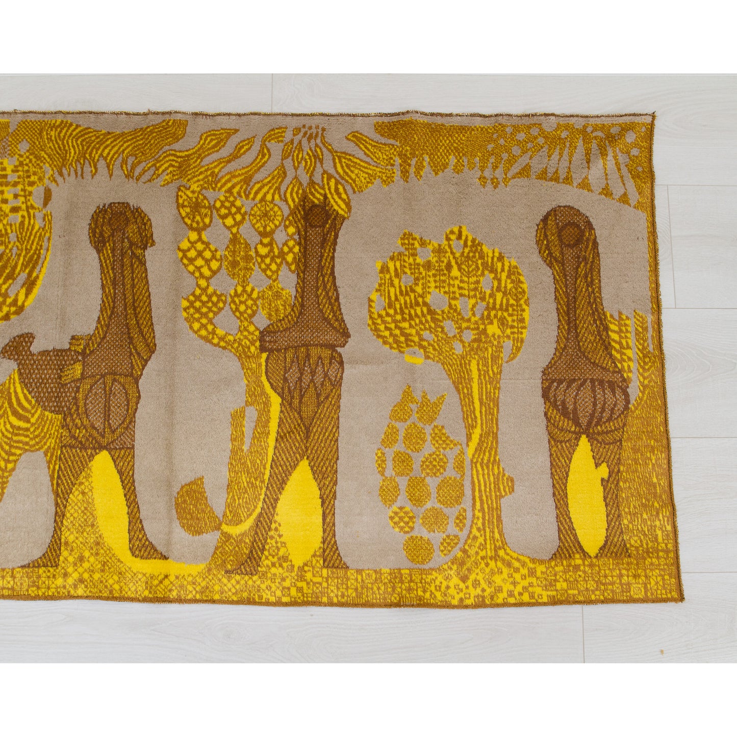 Right section highlighting the impeccable condition of the abstract design wall hanging, bursting with rich glowing mustard yellow, warm brown, and soft grey retro hues.