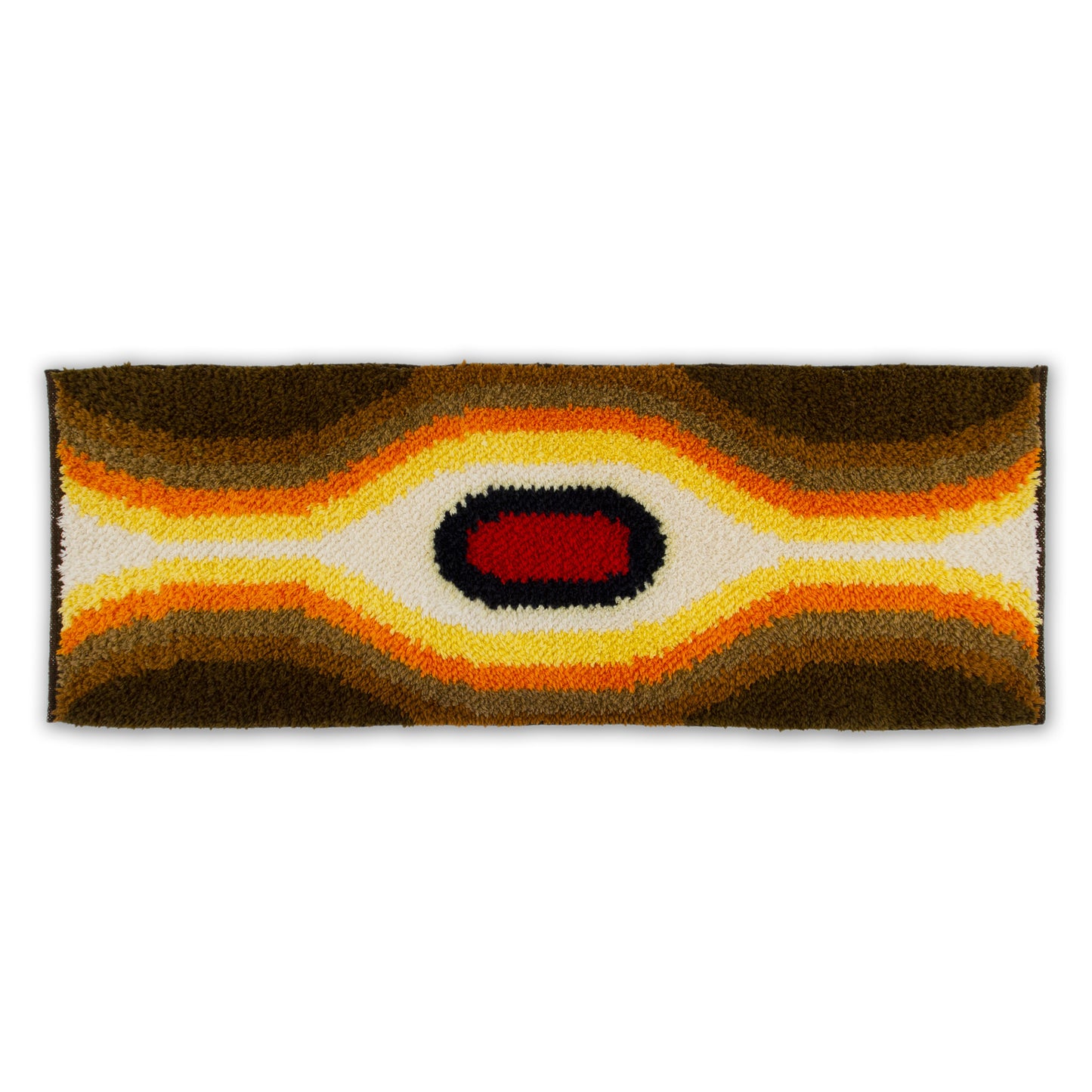 High-contrast vintage op-art style shag rug from 1970s, equally suitable for bold wall decor and striking accent rug for bedroom or living room.