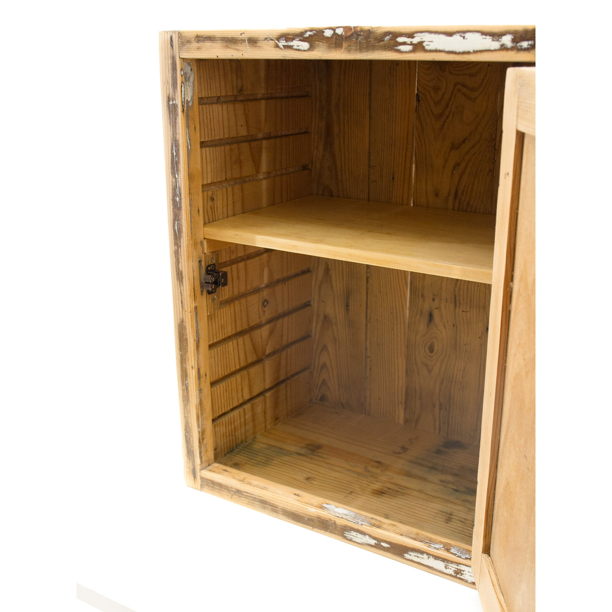A rustic medicine cabinet with a single open door, showing a two-shelf interior made of solid wood. The cabinet has a weathered, distressed finish with peeling white paint along the edges, with a strong rustic, farmhouse cottage style.