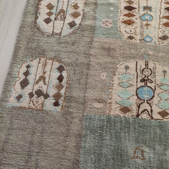 Short video of the large mid century tapestry laid flat on the floor. This 16-pound vintage handknotted rug demonstrates incredibly detailed, skilled craftsmanship, acting as a thick textile painting.
