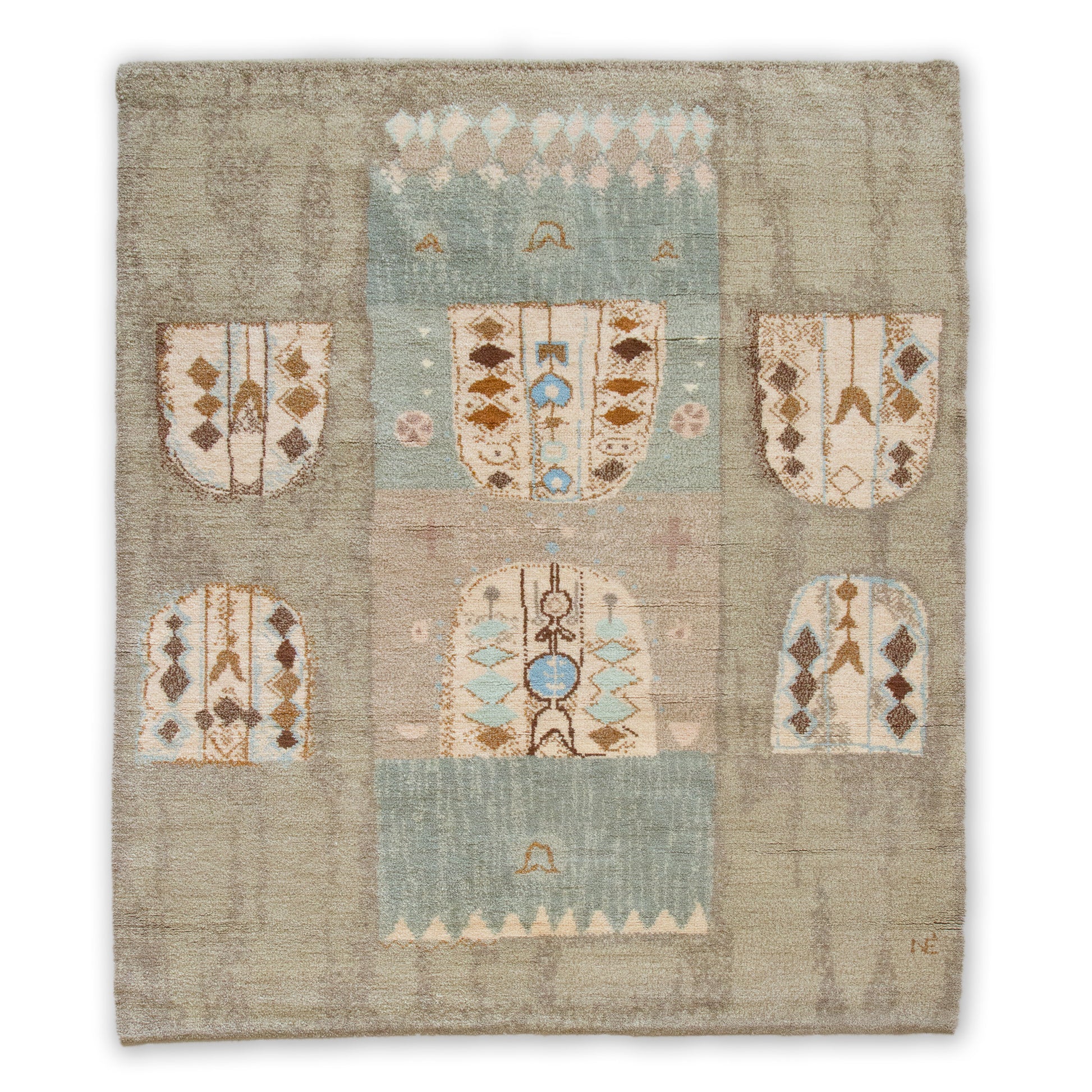 Full straight view of an extremely rare handknotted Eva Nemeth vintage tapestry isolated on a white background. The mid century wall art resembles a pastel drawing in muted blue, beige, and brown.