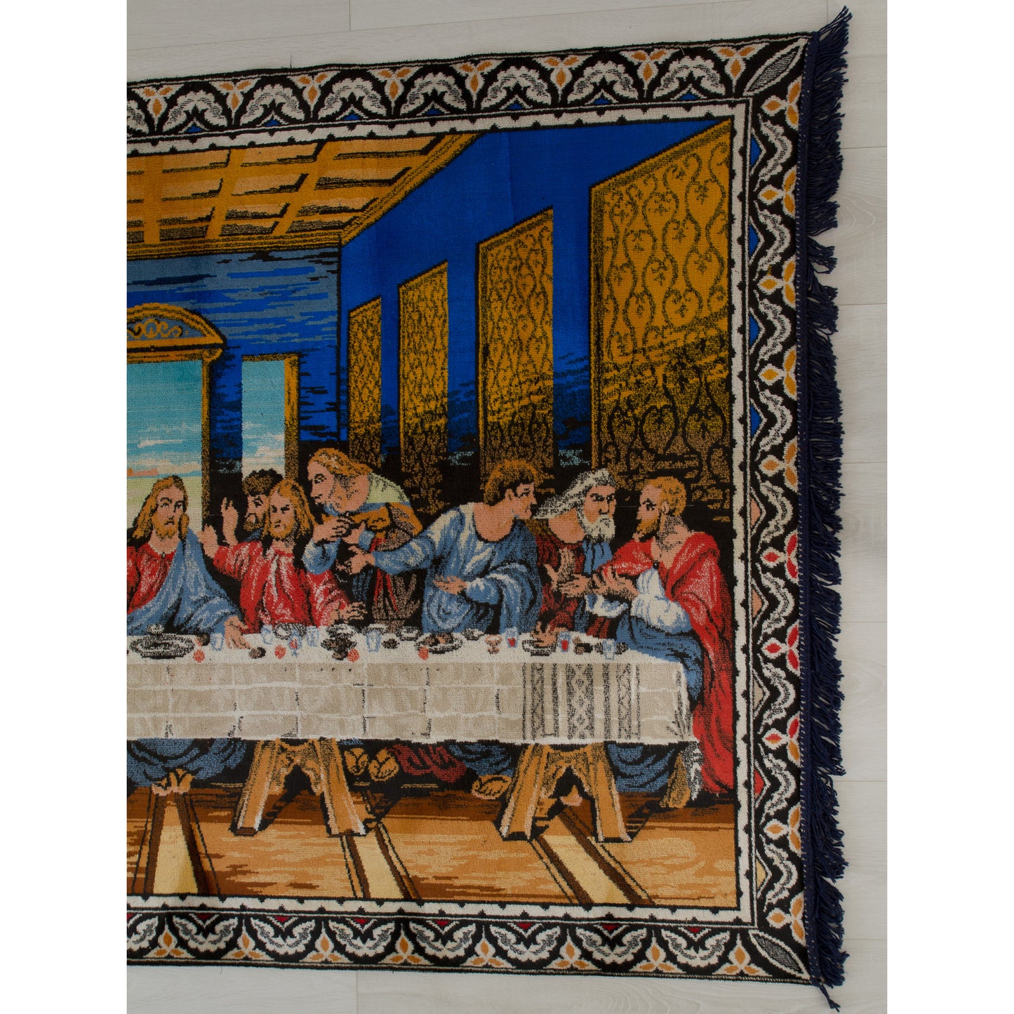 Detailed view of the right half of the vivid 1960s artwork, featuring the disciples at the table and highlighting the lovely intact two-inch fringe bordering the vertical edge.