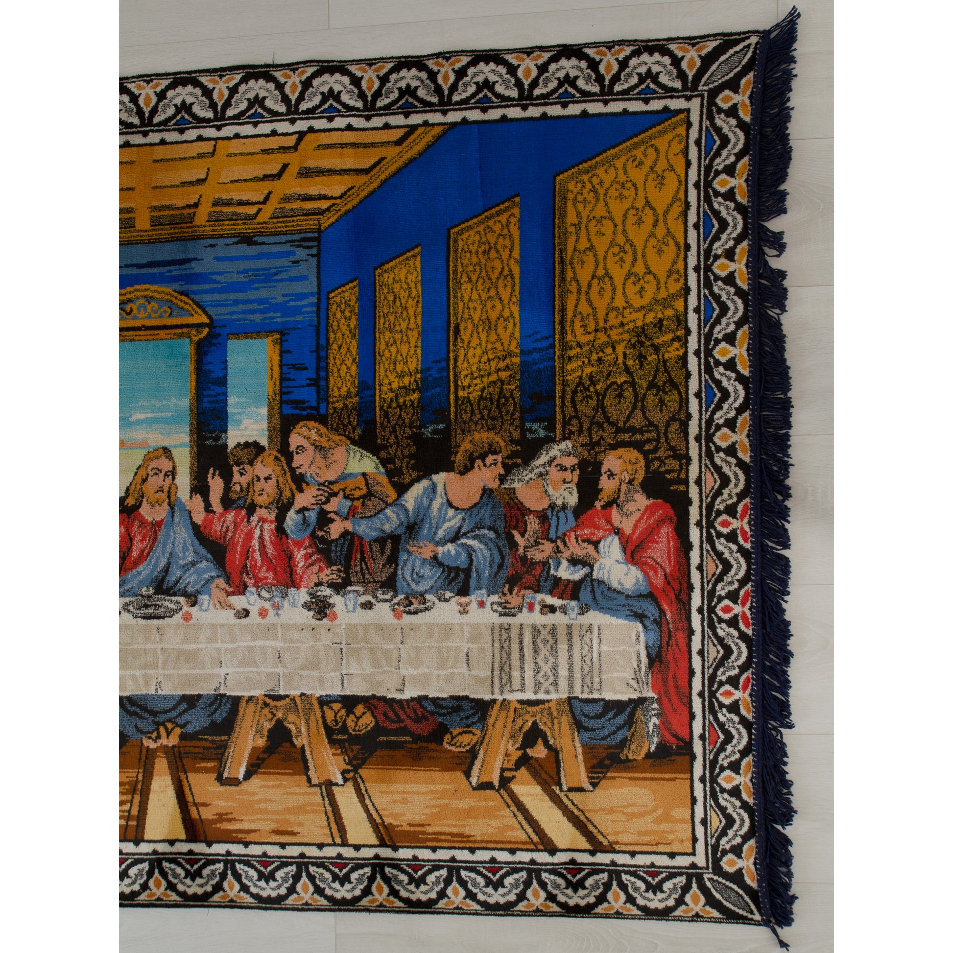 Detailed view of the right half of the vivid 1960s artwork, featuring the disciples at the table and highlighting the lovely intact two-inch fringe bordering the vertical edge.