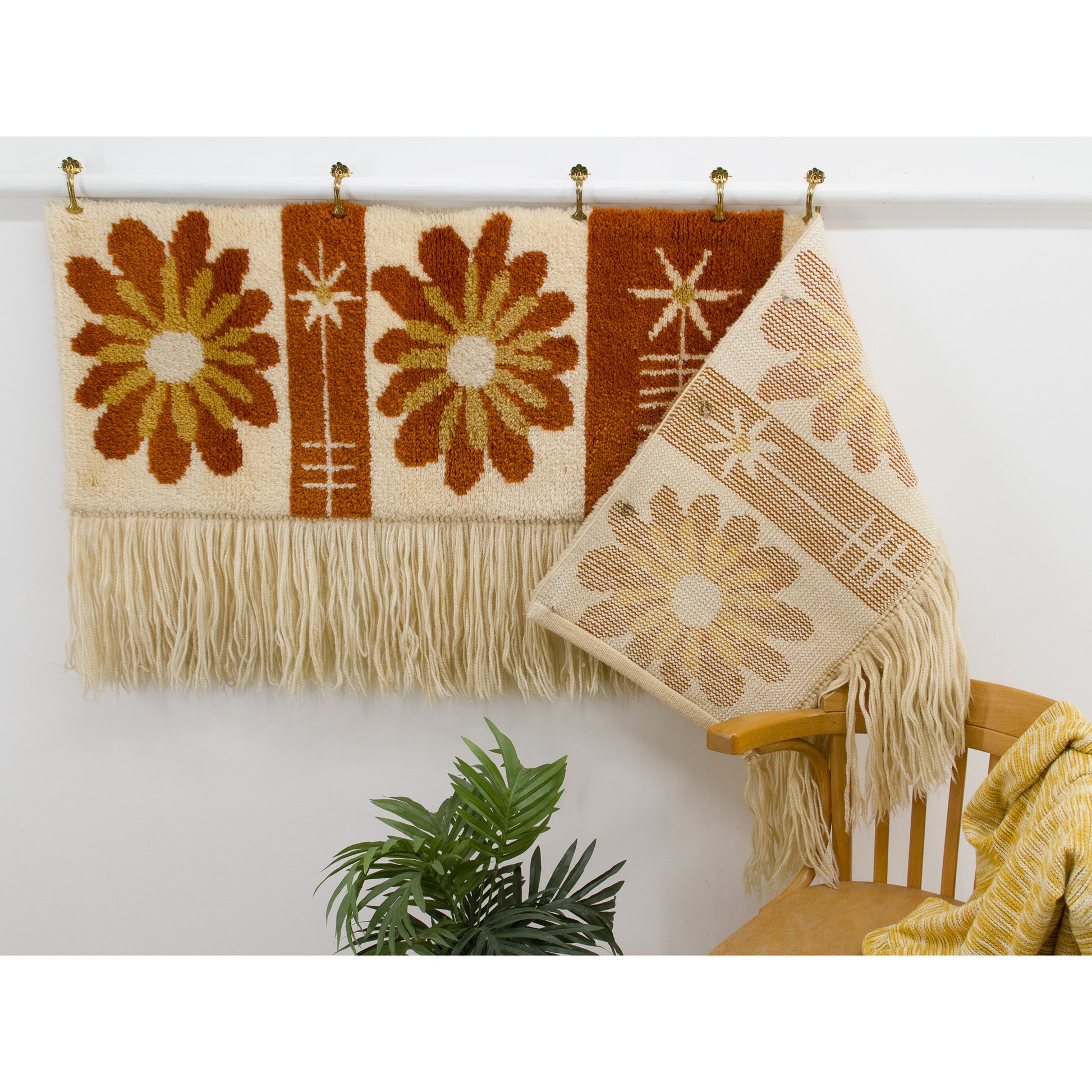 Angled view emphasizing the weight (2.6kg) and thickness of the tapestry while showing the quality cotton foundation as well. A substantial piece of authentic vintage fiber art.