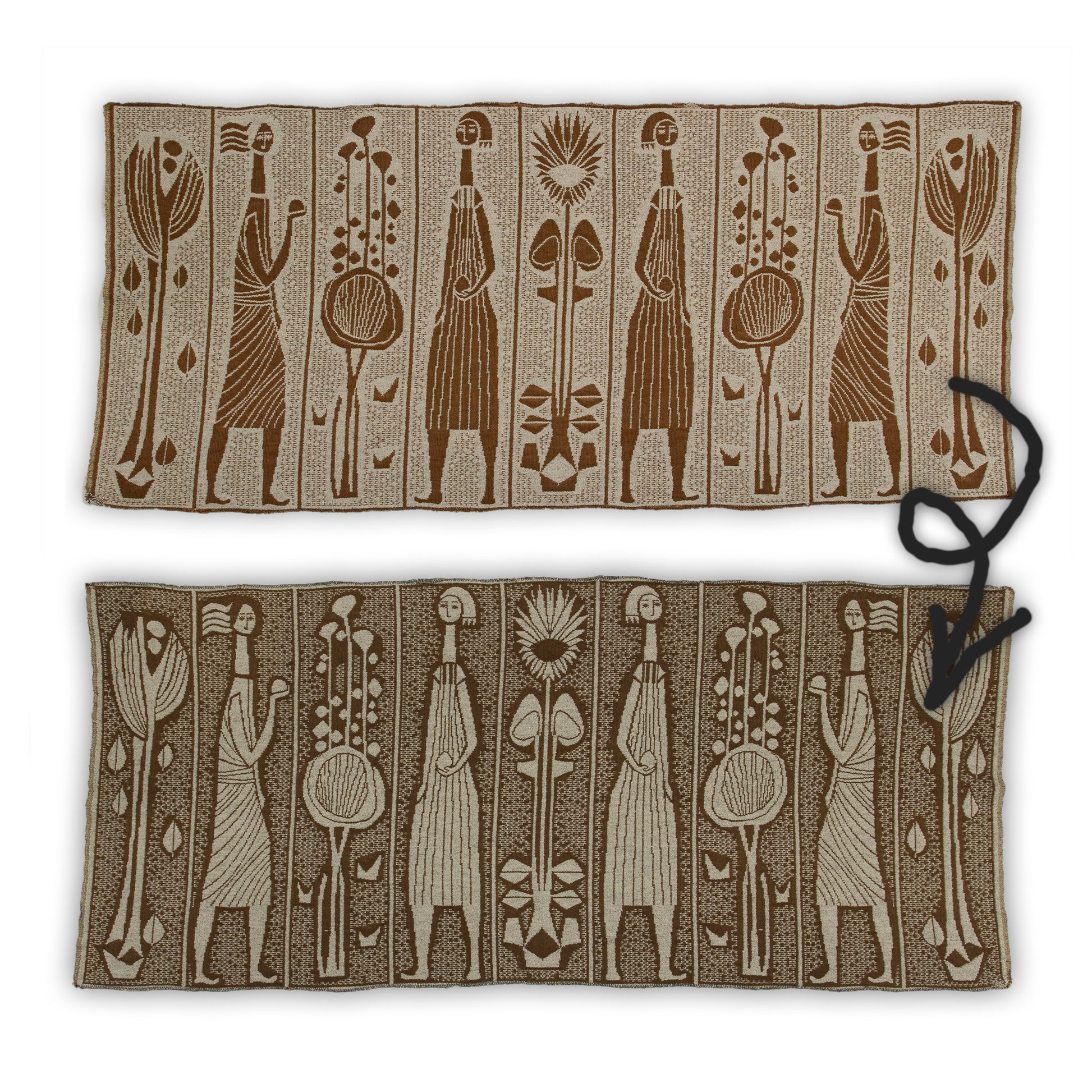 A composite view comparing both sides of the reversible wall hanging. The top half shows the "Positive" side with dark figures on a soft gray background, while the bottom half shows the "Negative" side with dove gray figures on dark charcoal, demonstrating the versatility of this vintage tapestry.