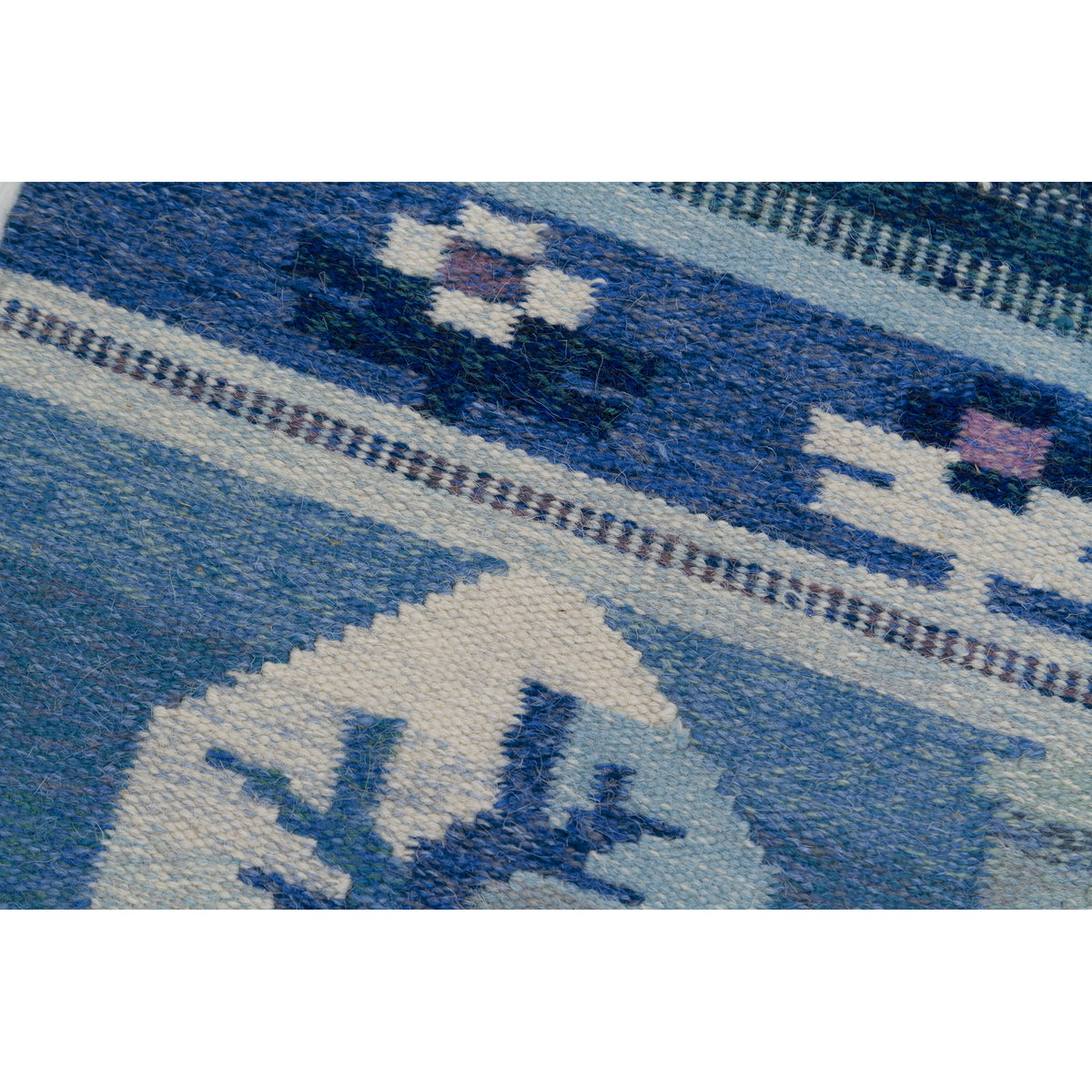 Close up of the top floral border band in indigo blue and cornflower blue wool.