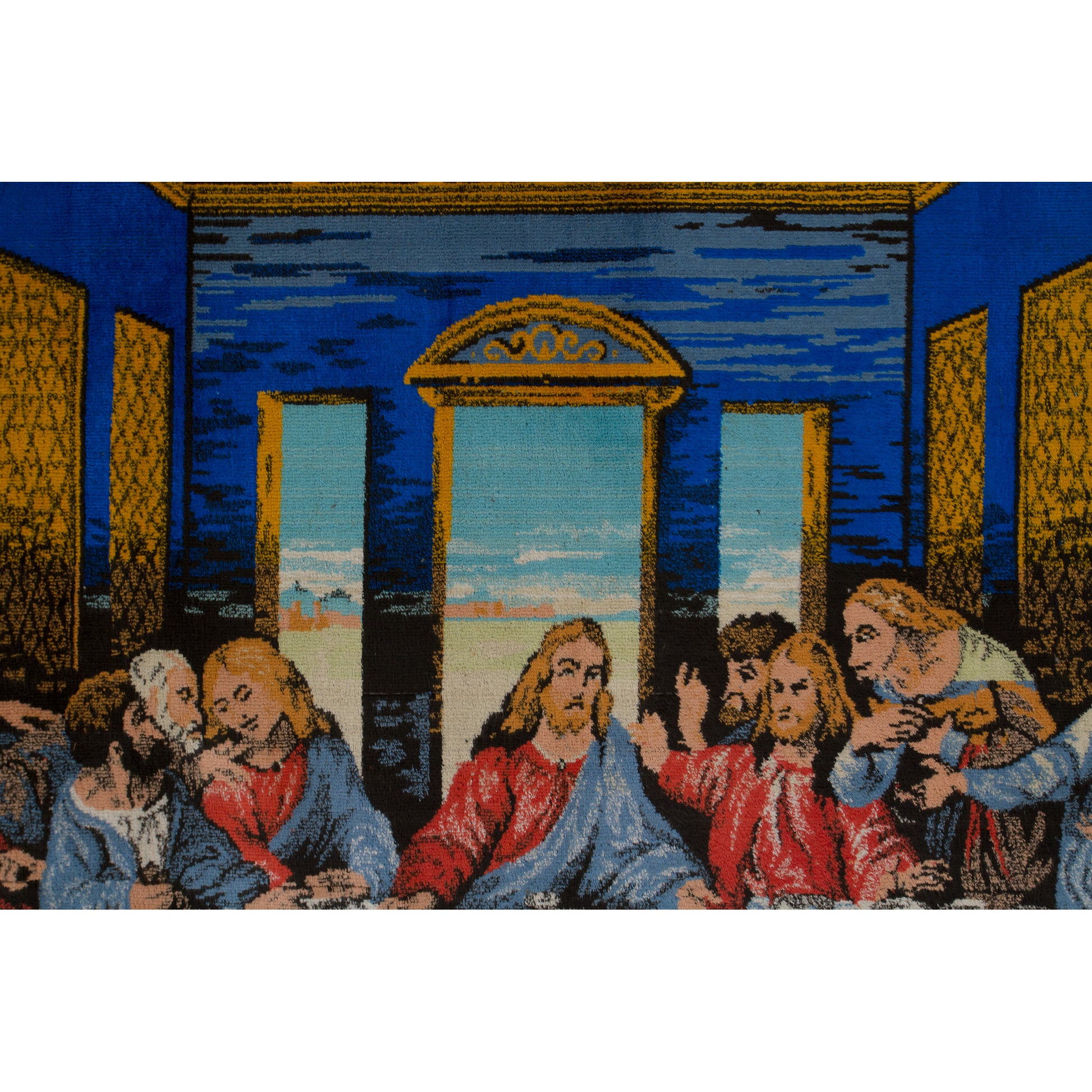 Detail zooming in on the striking architectural window backdrop of the Last Supper scene, highlighting the deeply glowing, stained-glass-like cobalt blues and yellow tones.
