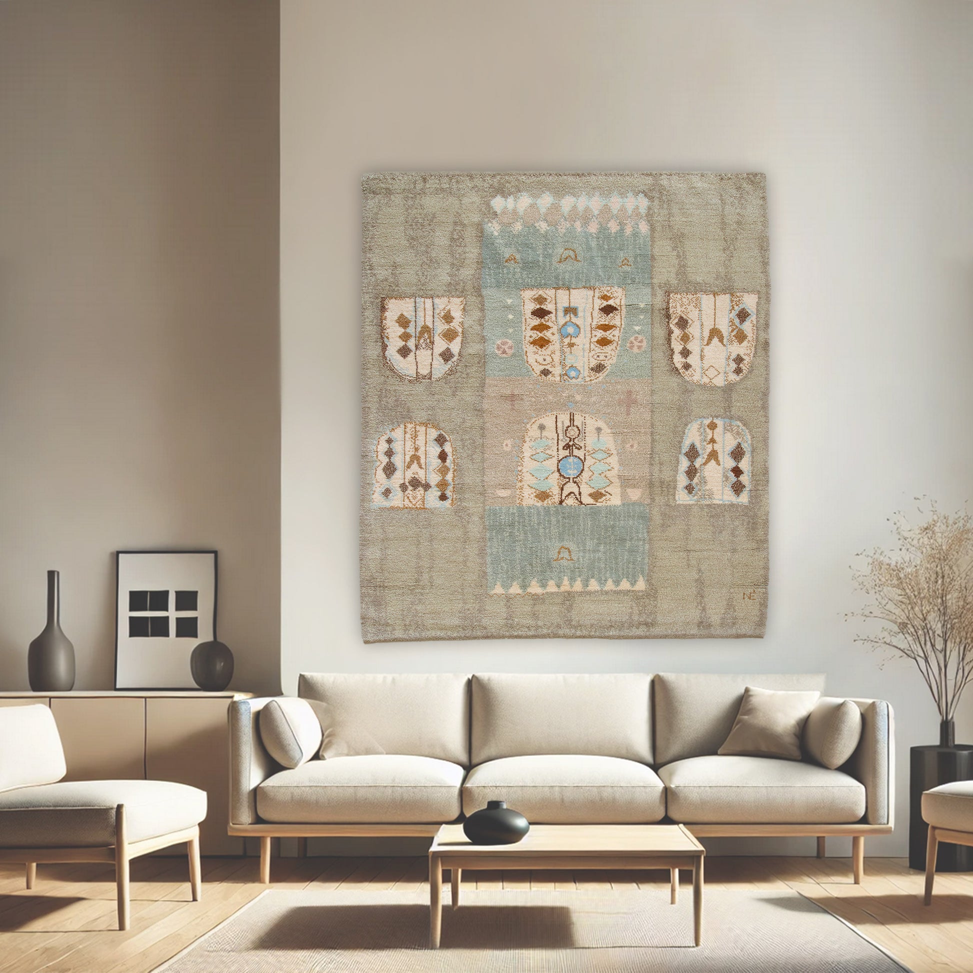 Interior design mockup showing this monumental painting-like wall tapestry hanging proudly over a modern sofa, creating an awe-inspiring "Quiet Luxury" focal point in a living room.