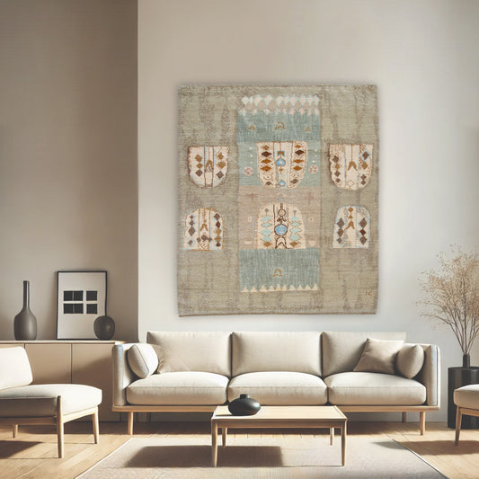 Interior design mockup showing this monumental painting-like wall tapestry hanging proudly over a modern sofa, creating an awe-inspiring "Quiet Luxury" focal point in a living room.