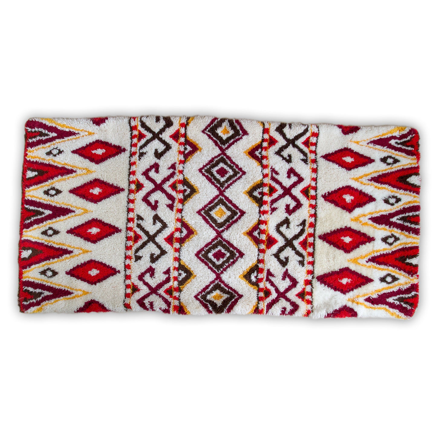 Full horizontal top-down view of the tribal patterned latch hook tapestry isolated entirely on a white background. Perfectly proportioned, bright, and symmetrical.