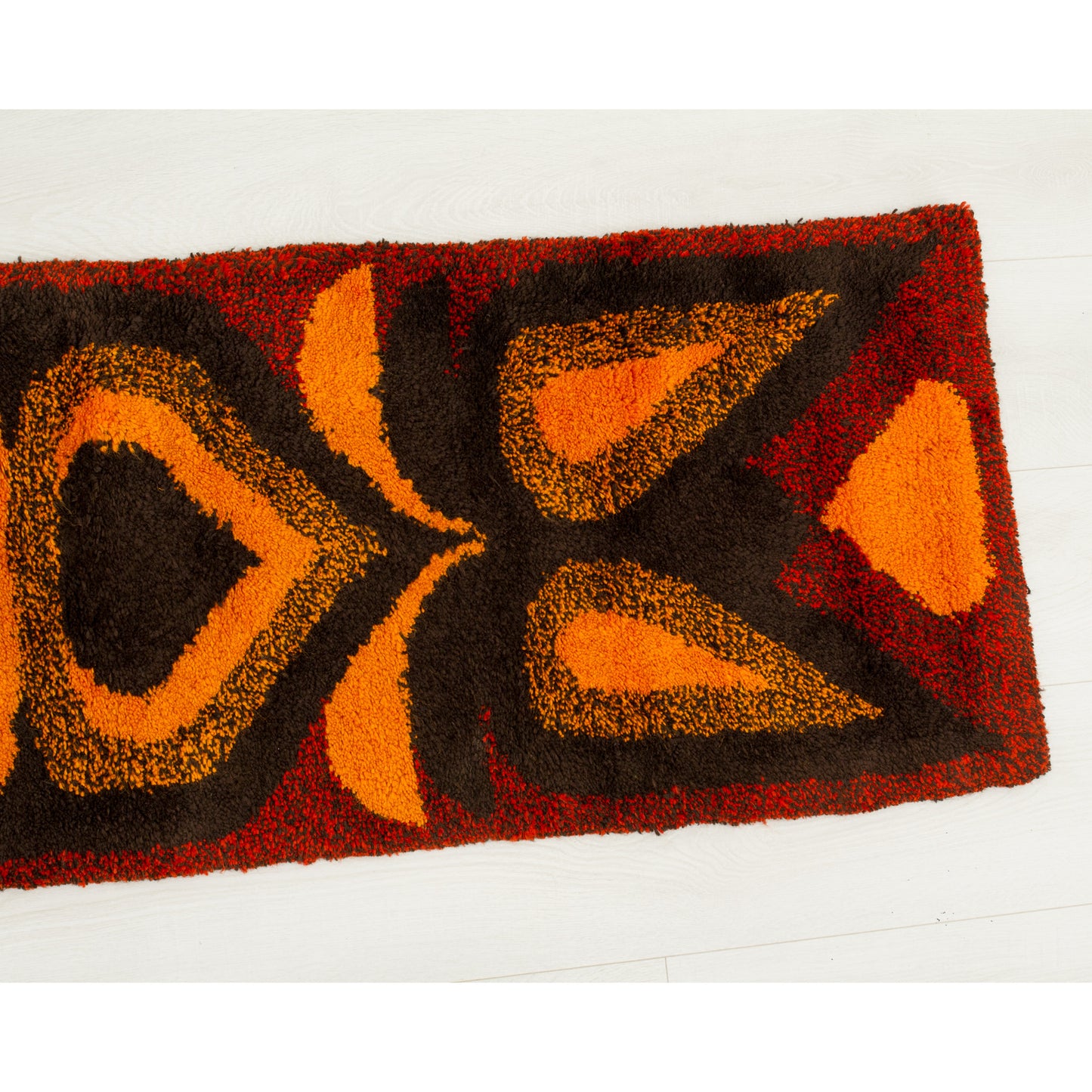 Right half of the vintage tapestry showing immaculate time-capsule condition. Zero fade in the vivid red, brown, and golden orange yarns.