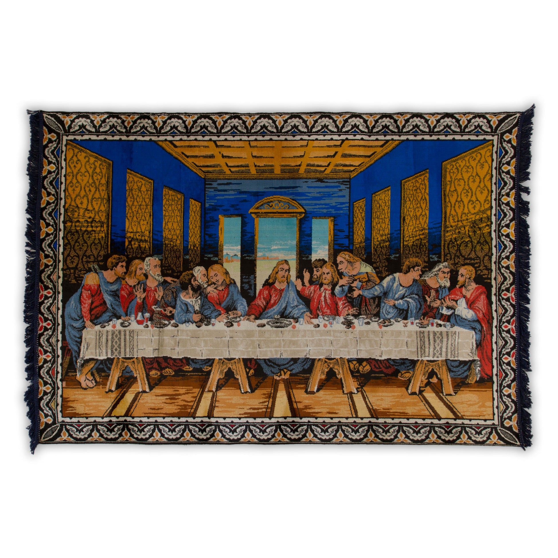 Flat straight-on view isolating the entire magnificent rectangular velvet-like moquette tapestry depicting Da Vinci's The Last Supper.