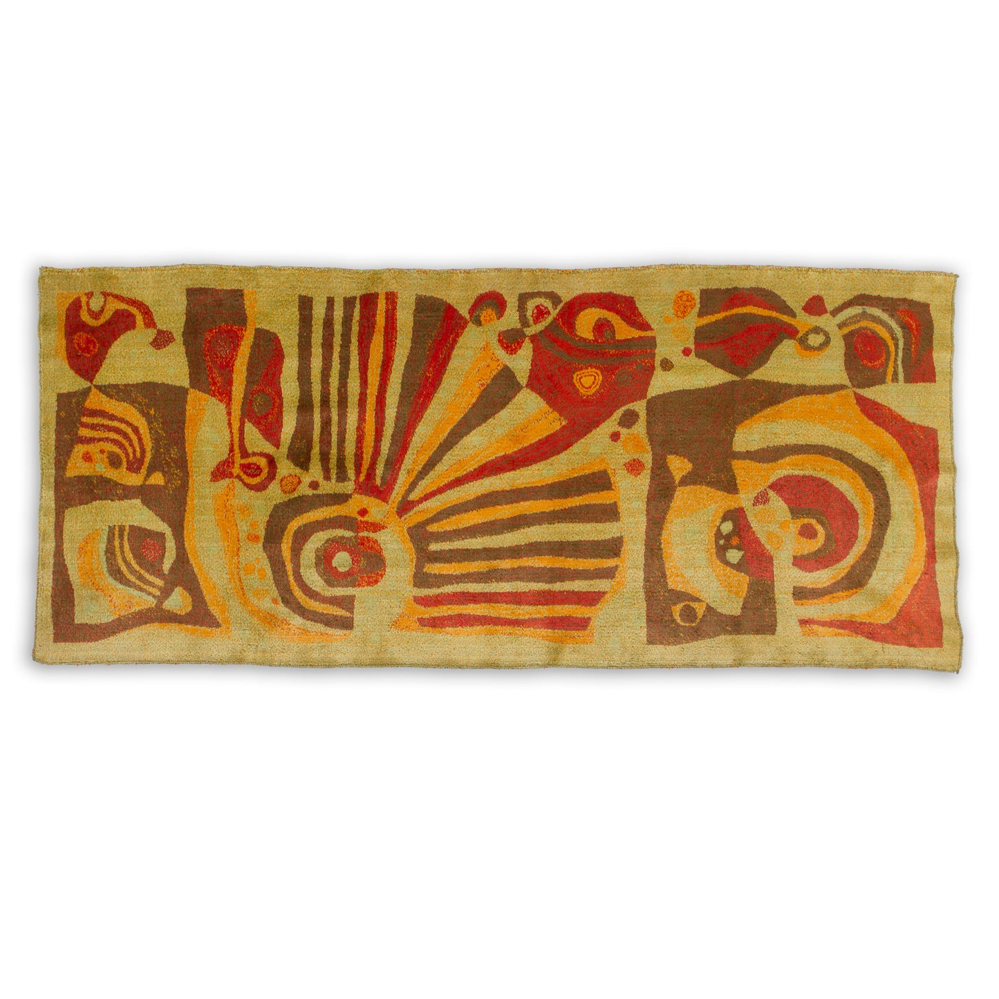 Full view of the iconic "Emese" vintage wall hanging. A long horizontal tapestry featuring swirling abstract shapes in burnt orange, chocolate brown, and harvest gold. Authentic mid century modern design from 1960s.