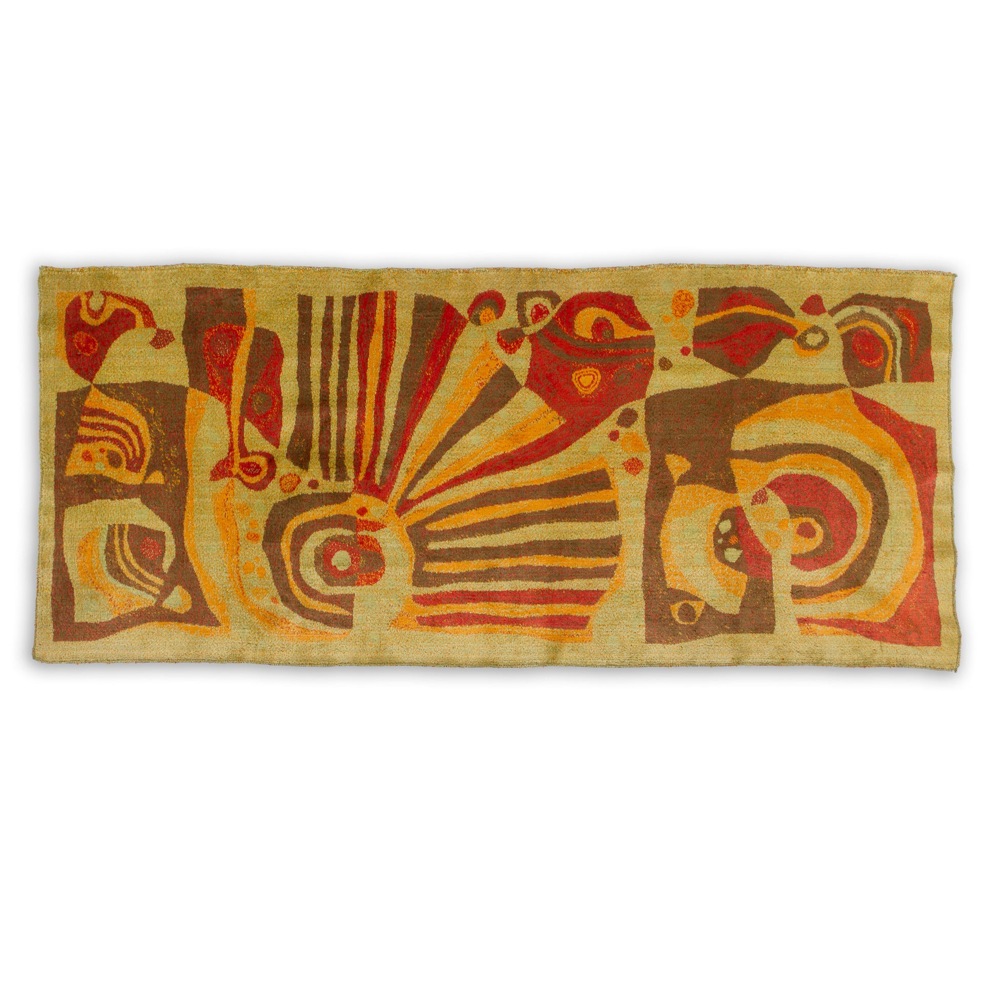 Full view of the iconic "Emese" vintage wall hanging. A long horizontal tapestry featuring swirling abstract shapes in burnt orange, chocolate brown, and harvest gold. Authentic mid century modern design from 1960s.