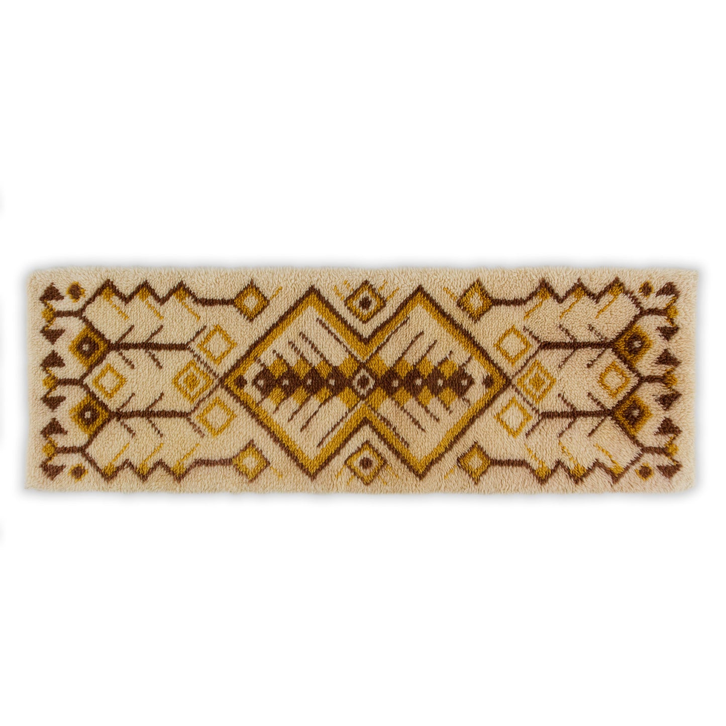 Flat clean overhead layout isolating the long, off-white vintage rug with dynamic, repeating earthy brown and mustard yellow geometric shapes.