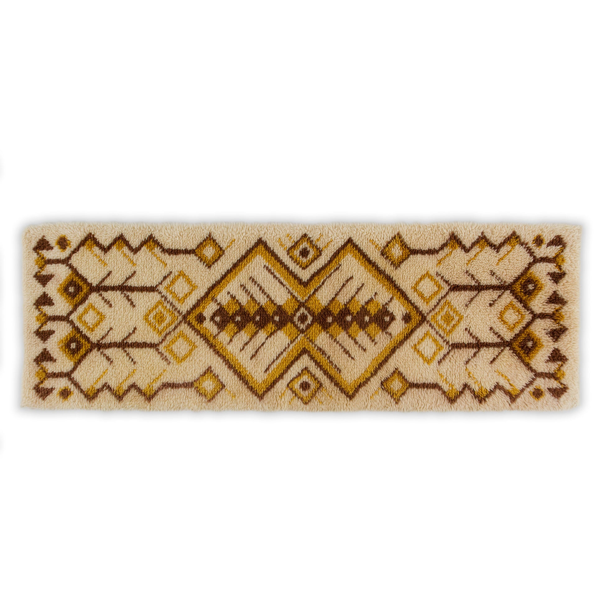 Flat clean overhead layout isolating the long, off-white vintage rug with dynamic, repeating earthy brown and mustard yellow geometric shapes.