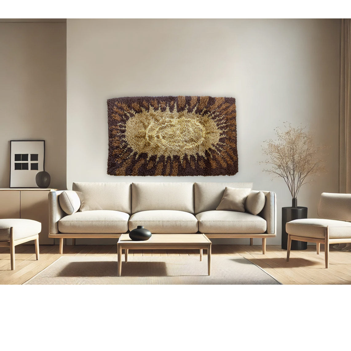 Japandi style living room with beige sofa and a textured vintage rya rug wall hanging above the sofa, acting as a unique focal point in the interior.