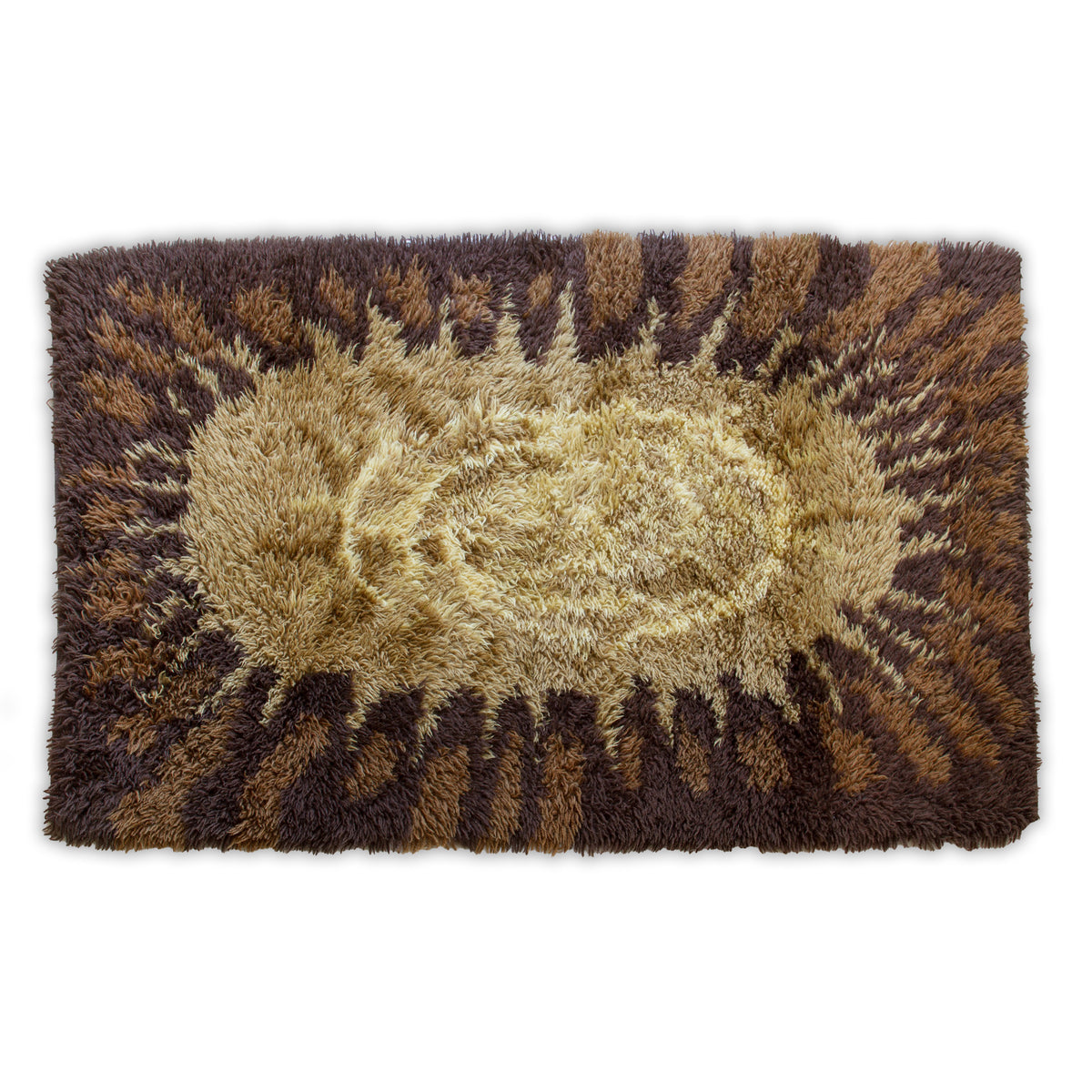 1970s vintage shag rug with a textured sunburst pattern in shades of brown, tan, and cream, isolated on a white background, in visibli excellent condition.