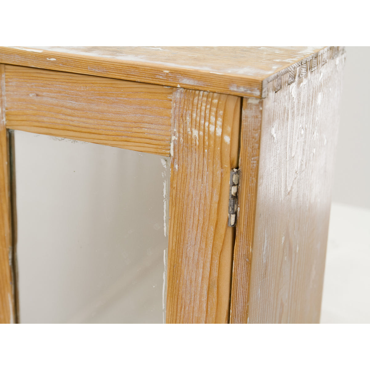 Close-up of the expertly refurbished antique medicine cabinet, showing the satin sheer wax finish on the solid pine wood.