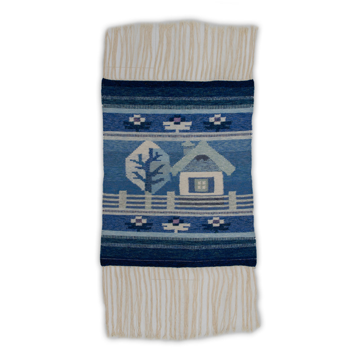 Full vertical flat view of a vintage handwoven wool tapestry featuring a charming blue house and tree scene. Modern folk art from Hungary, ca. 1970s-80s.