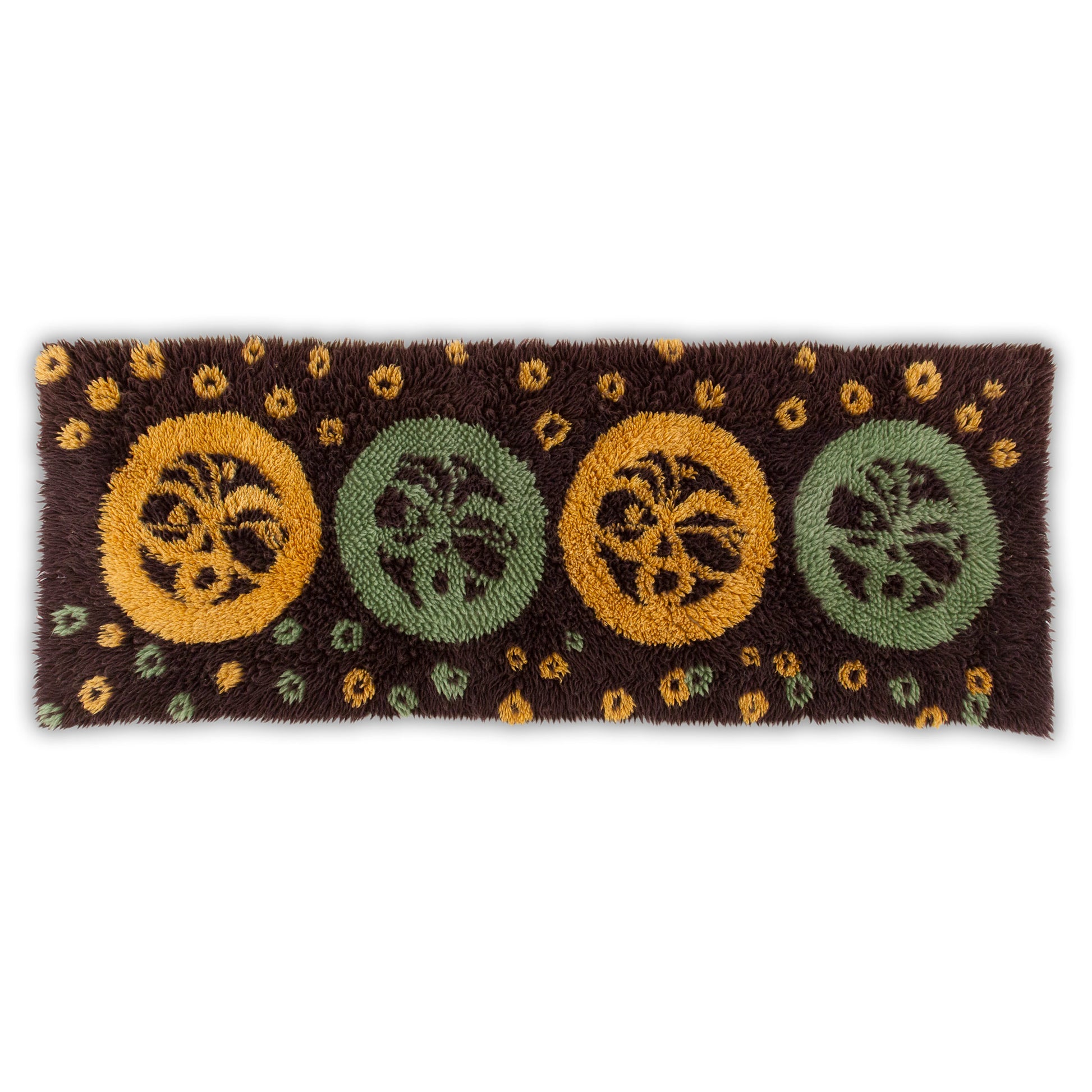 Flat, clean top-down view of the retro long fluffy shag runner isolating the striking bold geometric circle patterns in green and yellow.