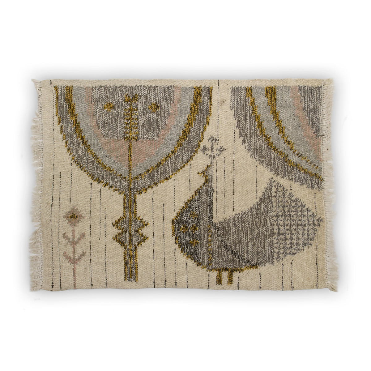 A full flat view of an original 1960s Eva Nemeth handwoven wool tapestry, featuring a stylized grey peacock and large Tree of Life motif in soft grey, pink and gold on a cream base. It is finished with fringe on the sides.