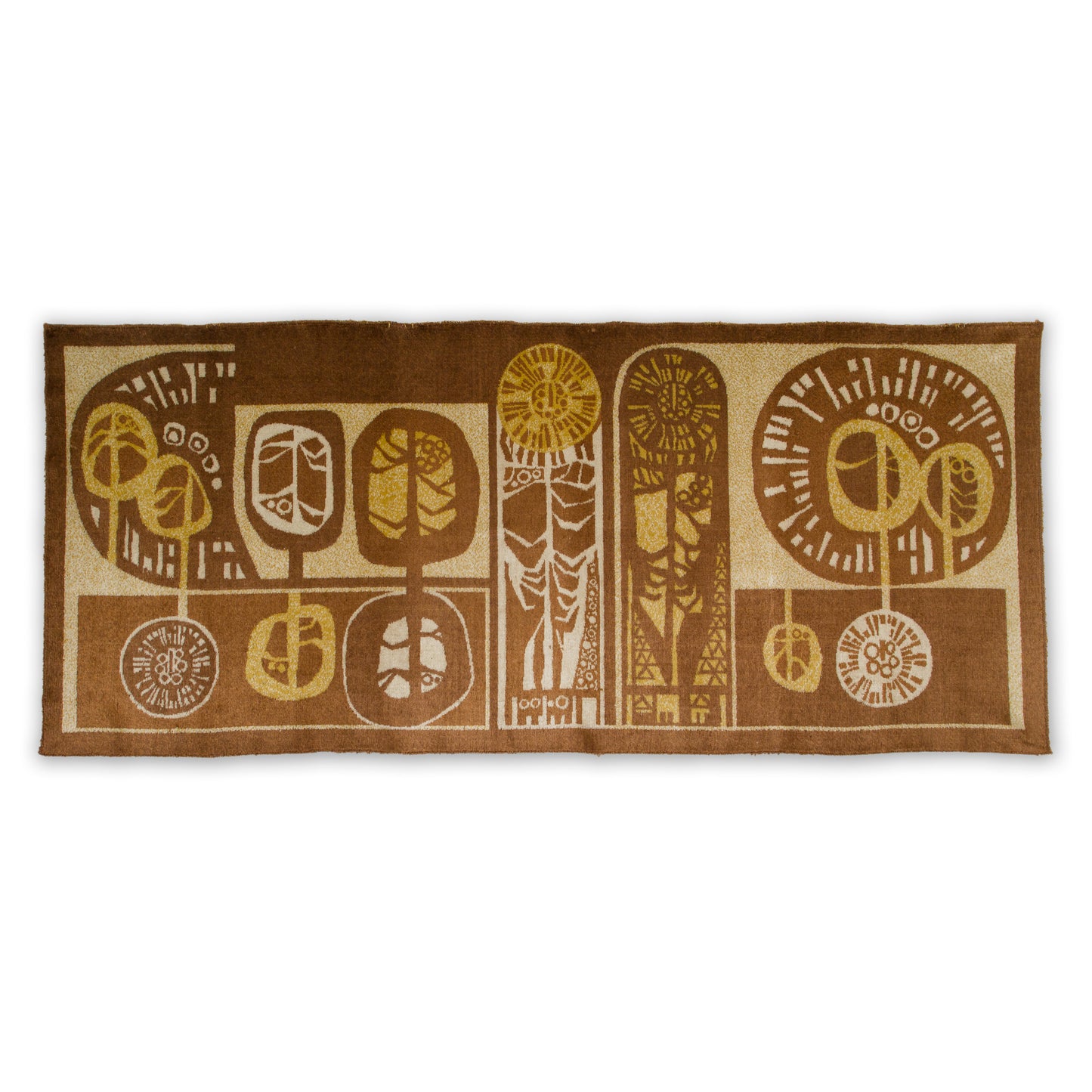 Full flat lay view of a vintage 1960s wall hanging. The design is a long horizontal abstract composition featuring organic round tree-shapes in a warm chocolate brown, soft caramel and beige velvet-like fabric.