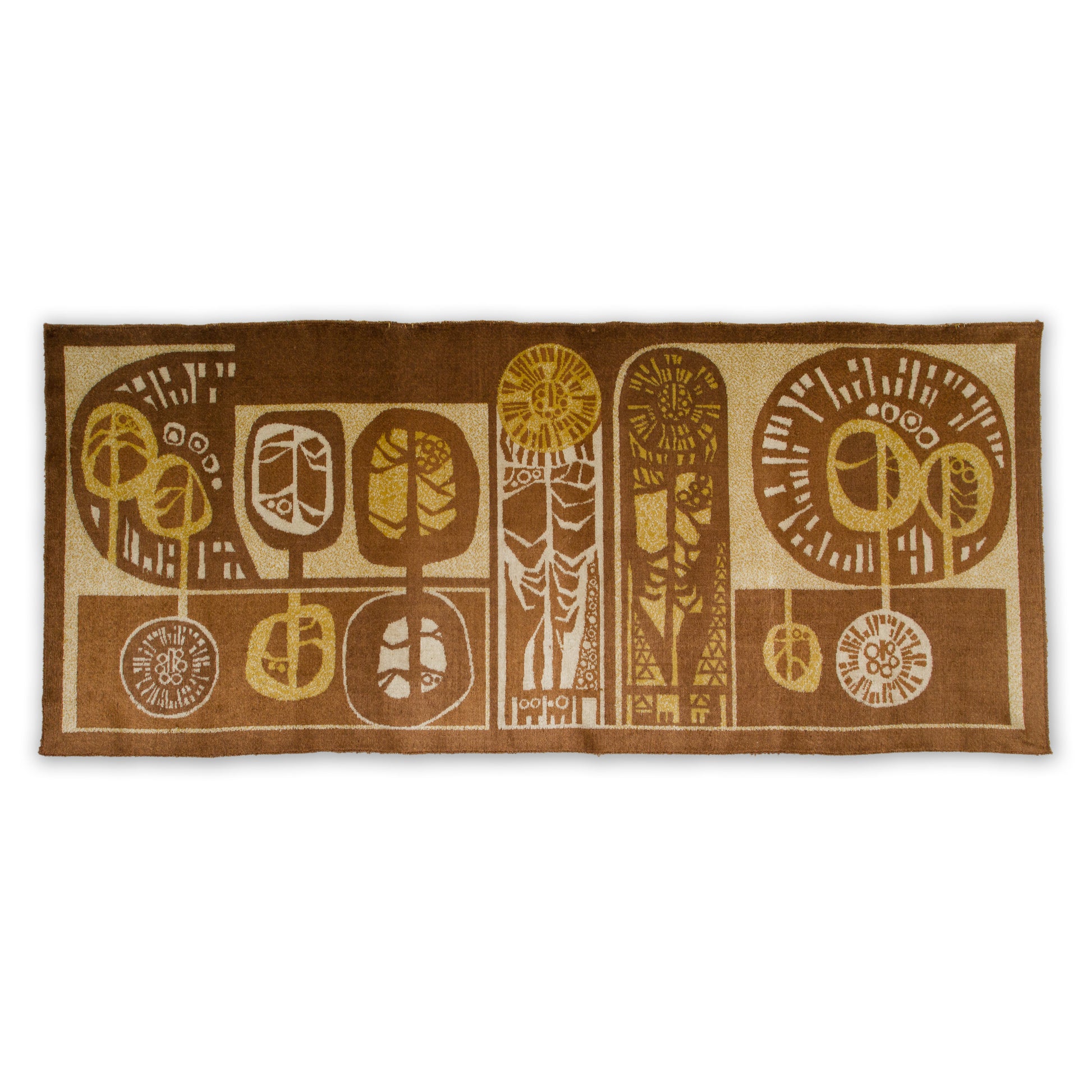 Full flat lay view of a vintage 1960s wall hanging. The design is a long horizontal abstract composition featuring organic round tree-shapes in a warm chocolate brown, soft caramel and beige velvet-like fabric.