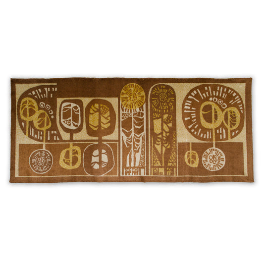 Full flat lay view of a vintage 1960s wall hanging. The design is a long horizontal abstract composition featuring organic round tree-shapes in a warm chocolate brown, soft caramel and beige velvet-like fabric.