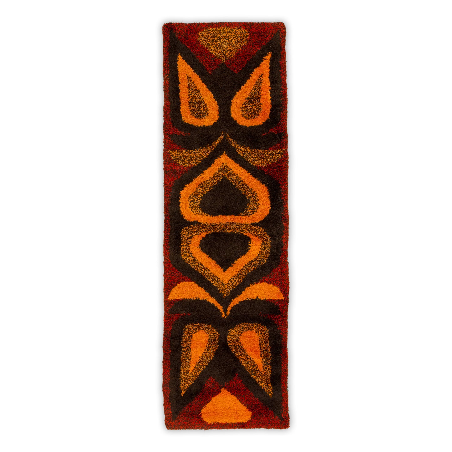 Full vertical view of the stunning vintage 60s rya rug wall hanging. Showcases symmetric tribal and space-age geometry in fiery red, orange, and dark brown.