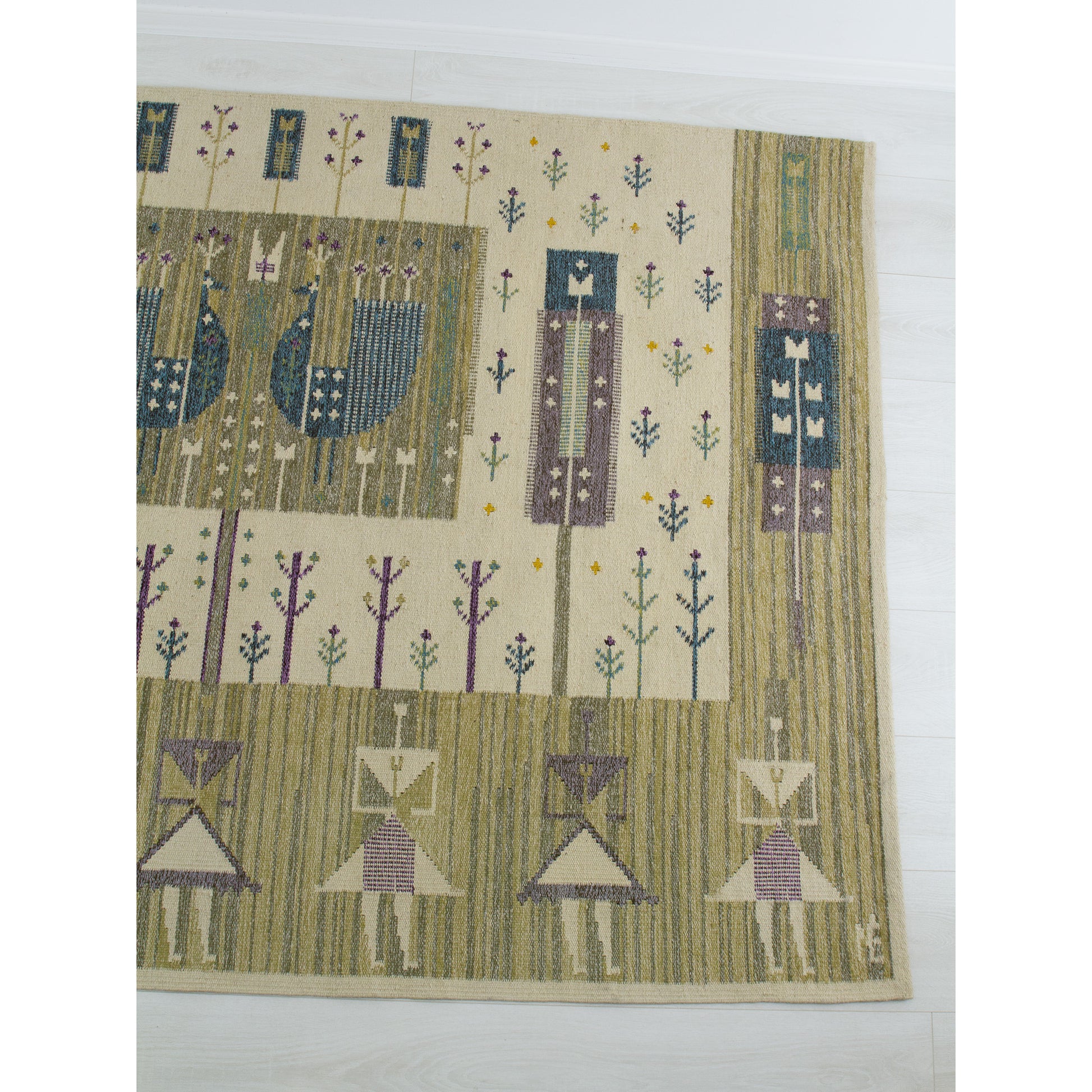 Right section of large modernist vintage tapestry showing traditional Hungarian folk motifs with mid-century clean geometric lines.