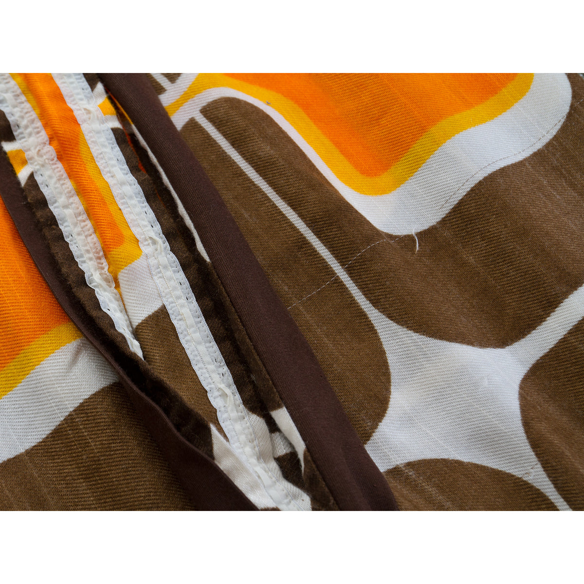 Honest condition report on a vintage 60s curtain panel, showing one pulled thread across the fabric.