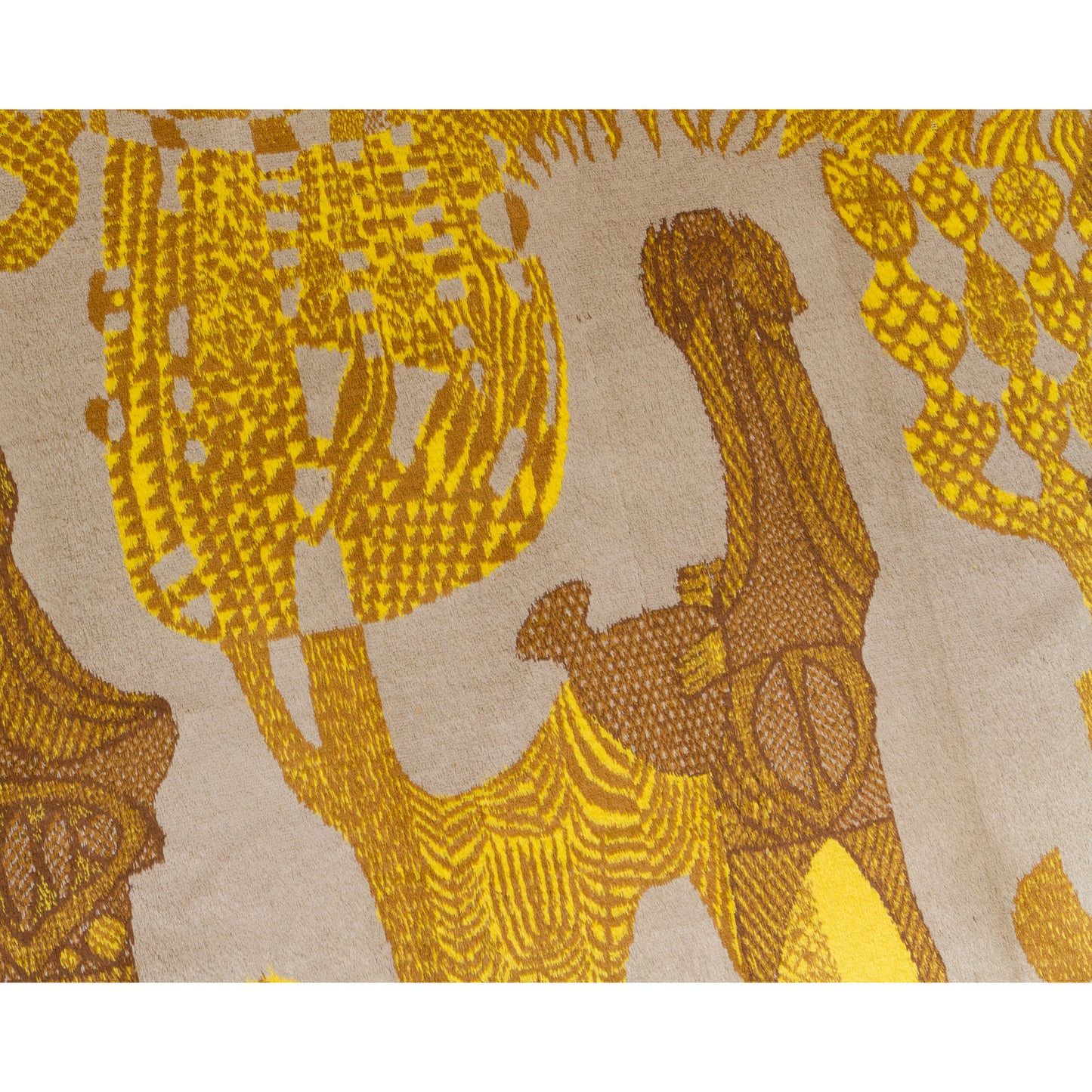 Macro view focusing into the beautifully precise fabric weaves. High-quality velvet-like moquette perfectly defining the intricate space-age meets folk-art graphics.