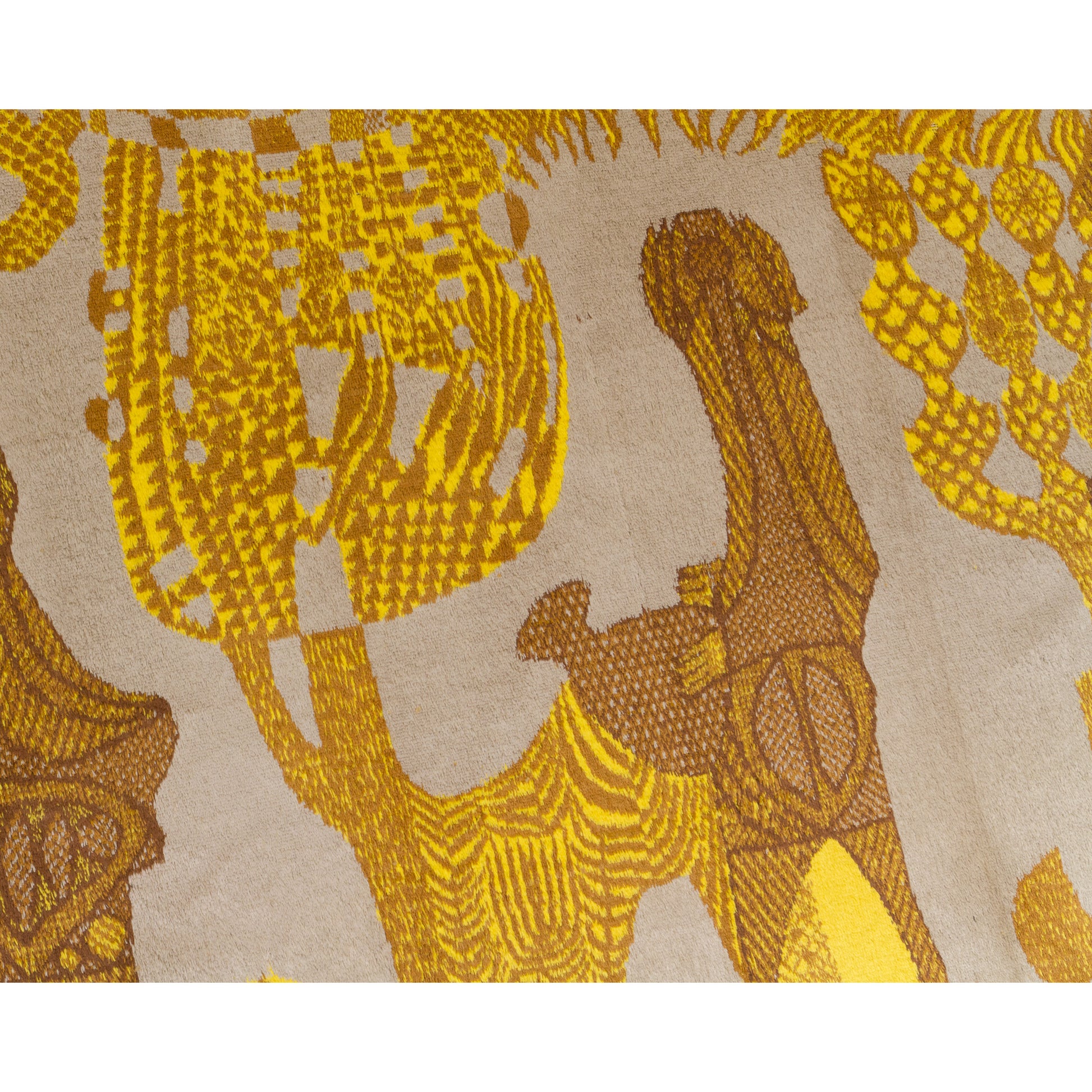 Macro view focusing into the beautifully precise fabric weaves. High-quality velvet-like moquette perfectly defining the intricate space-age meets folk-art graphics.