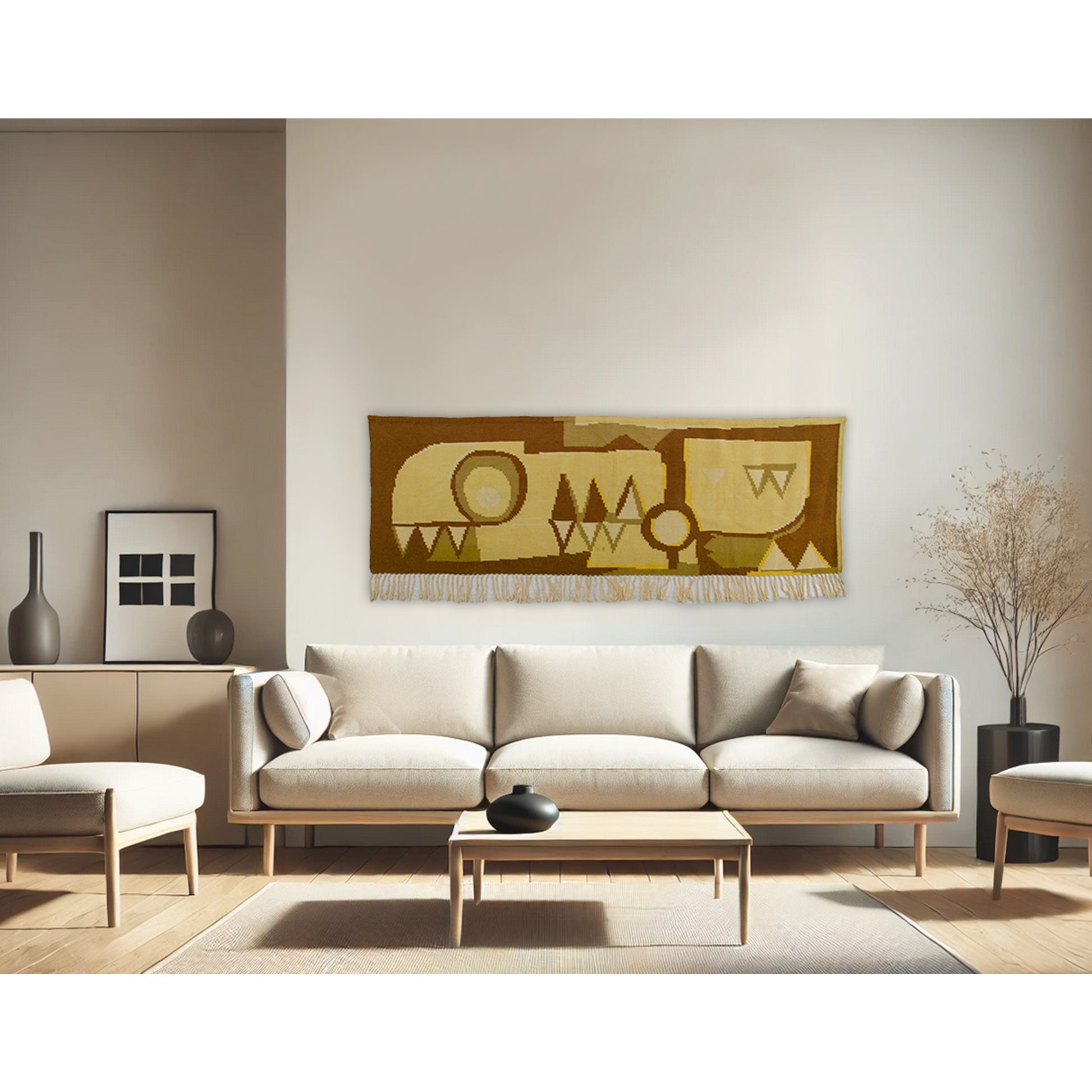 A long mustard yellow and brown woven vintage tapestry hanging as a warm, geometric centerpiece above a light beige modern sofa.
